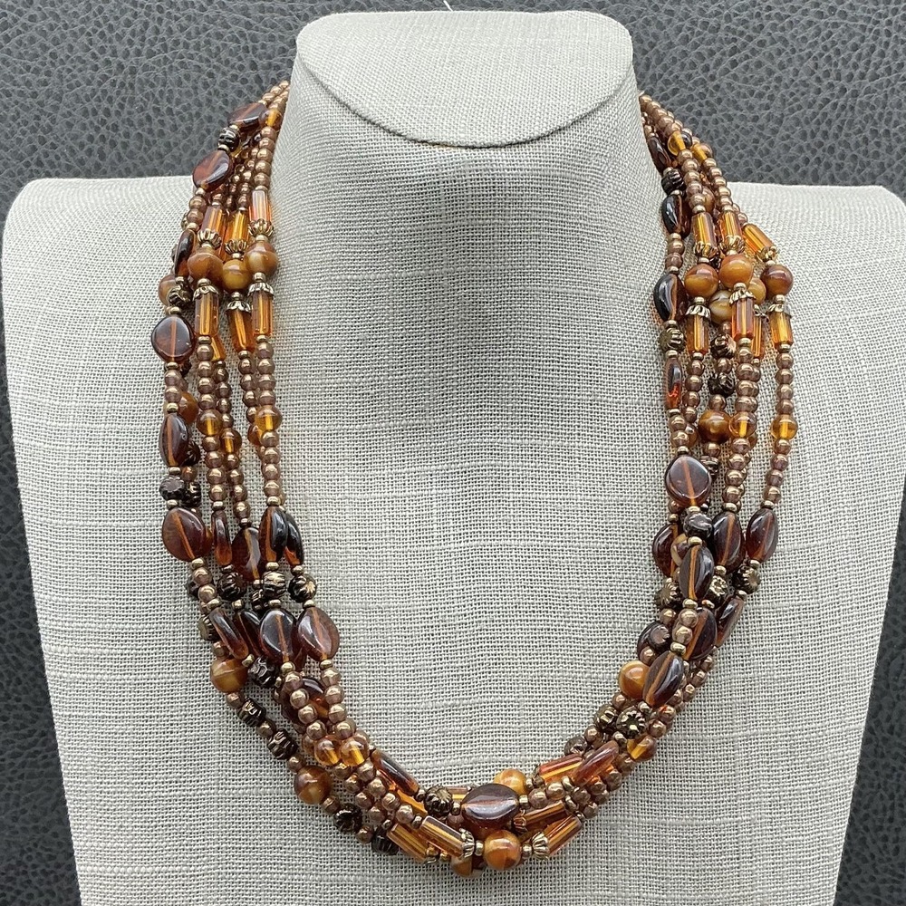 ERWIN PEARL Multi Strand Brown Amber Glass Bead Necklace Gold Tone Layered 18"